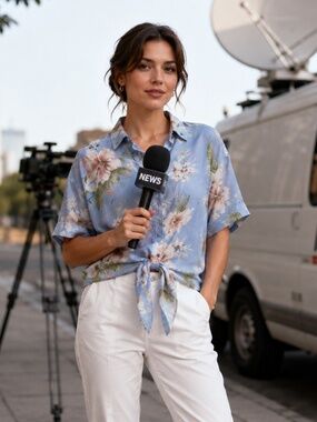 VINCE Coin Pocket Chino Pants white & Floral Blue blouse | Set – Size 6